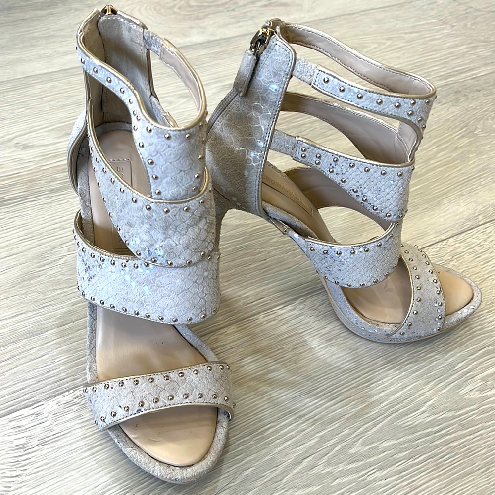 BCBGMaxAzria Beige Gold Studded Zip Up Stiletto—4.5”Heels —Size 8B— - Picture 1 of 12
